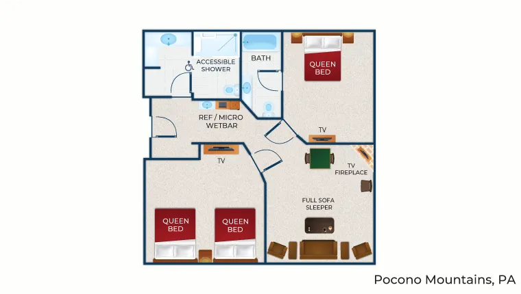 The floor plan for the Grizzly Bear Suite (Accessible Shower) 